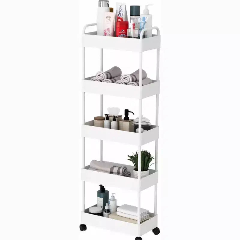Chariot de rangement fin à 5 niveaux sur roulettes, desserte à roulettes coulissante en plastique avec poignée, étagère mobile, étagère de rangement étroite, noir