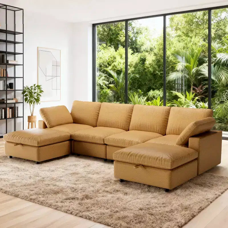 Canapé d'angle modulaire Dyonery 100 en cuir avec pouf de rangement, canapé 3 places en cuir PU en forme de L avec cadre en bois massif
