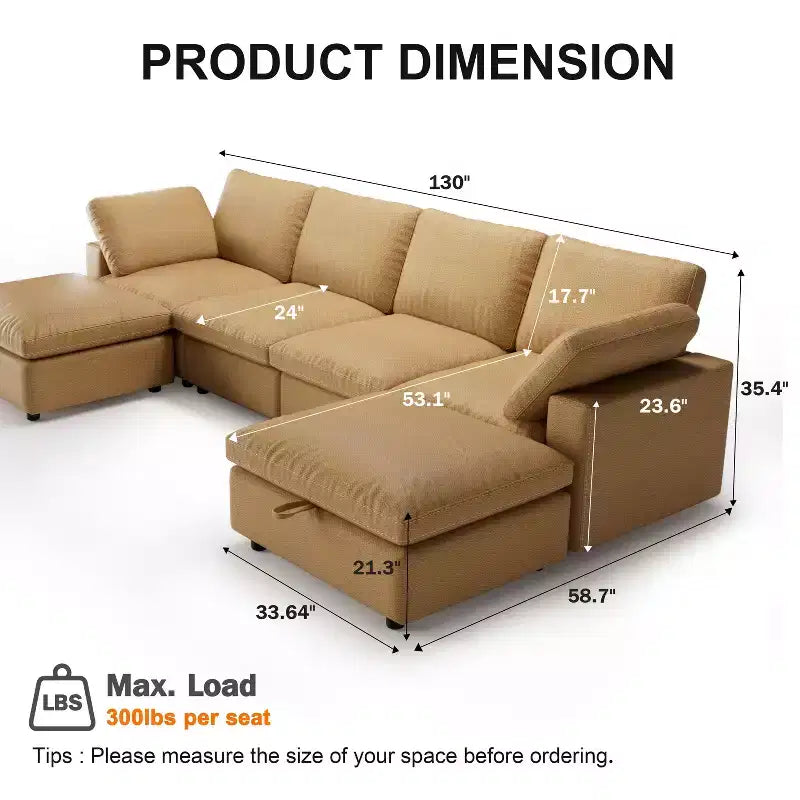 Canapé d'angle modulaire Dyonery 100 en cuir avec pouf de rangement, canapé 3 places en cuir PU en forme de L avec cadre en bois massif