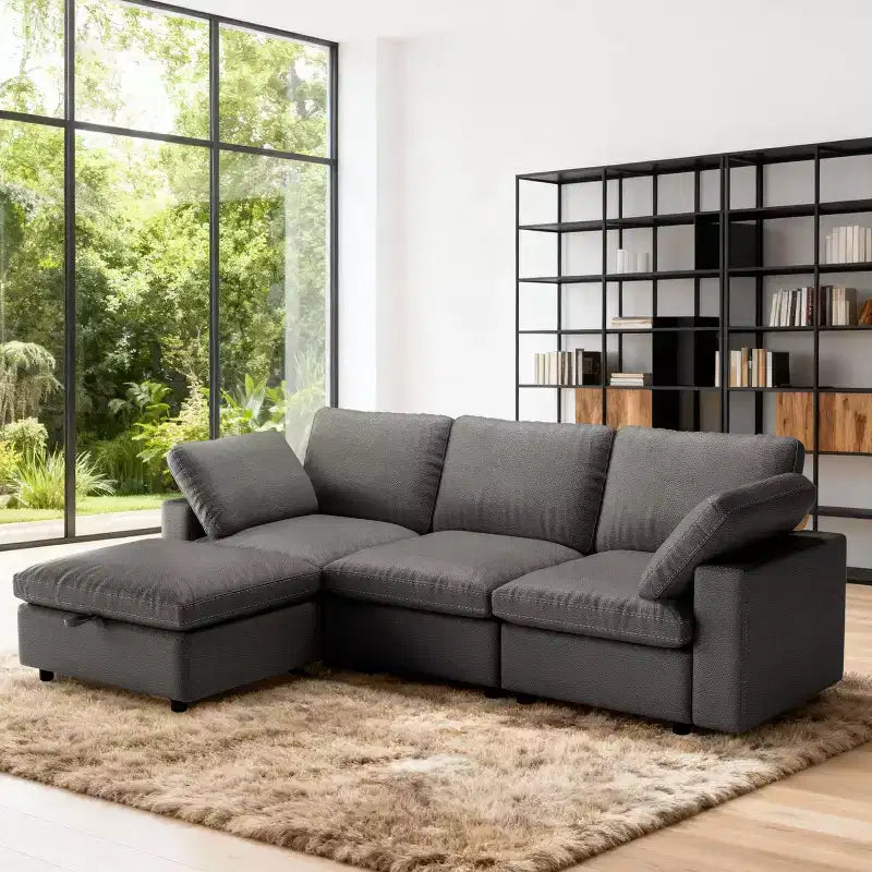 Canapé d'angle modulaire Dyonery 100 en cuir avec pouf de rangement, canapé 3 places en cuir PU en forme de L avec cadre en bois massif
