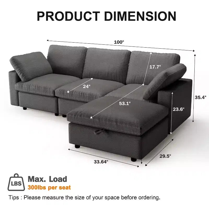 Canapé d'angle modulaire Dyonery 100 en cuir avec pouf de rangement, canapé 3 places en cuir PU en forme de L avec cadre en bois massif