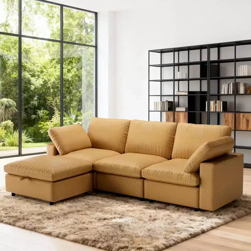 Canapé d'angle modulaire Dyonery 100 en cuir avec pouf de rangement, canapé 3 places en cuir PU en forme de L avec cadre en bois massif