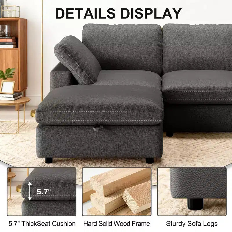 Canapé d'angle modulaire Dyonery 100 en cuir avec pouf de rangement, canapé 3 places en cuir PU en forme de L avec cadre en bois massif