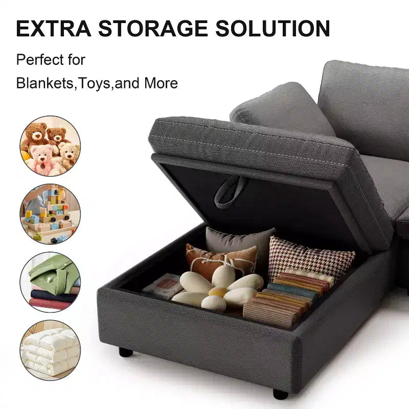 Canapé d'angle modulaire Dyonery 100 en cuir avec pouf de rangement, canapé 3 places en cuir PU en forme de L avec cadre en bois massif