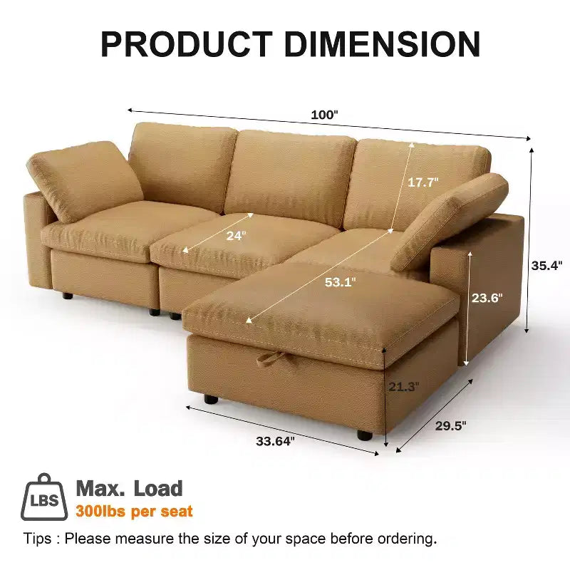 Canapé d'angle modulaire Dyonery 100 en cuir avec pouf de rangement, canapé 3 places en cuir PU en forme de L avec cadre en bois massif
