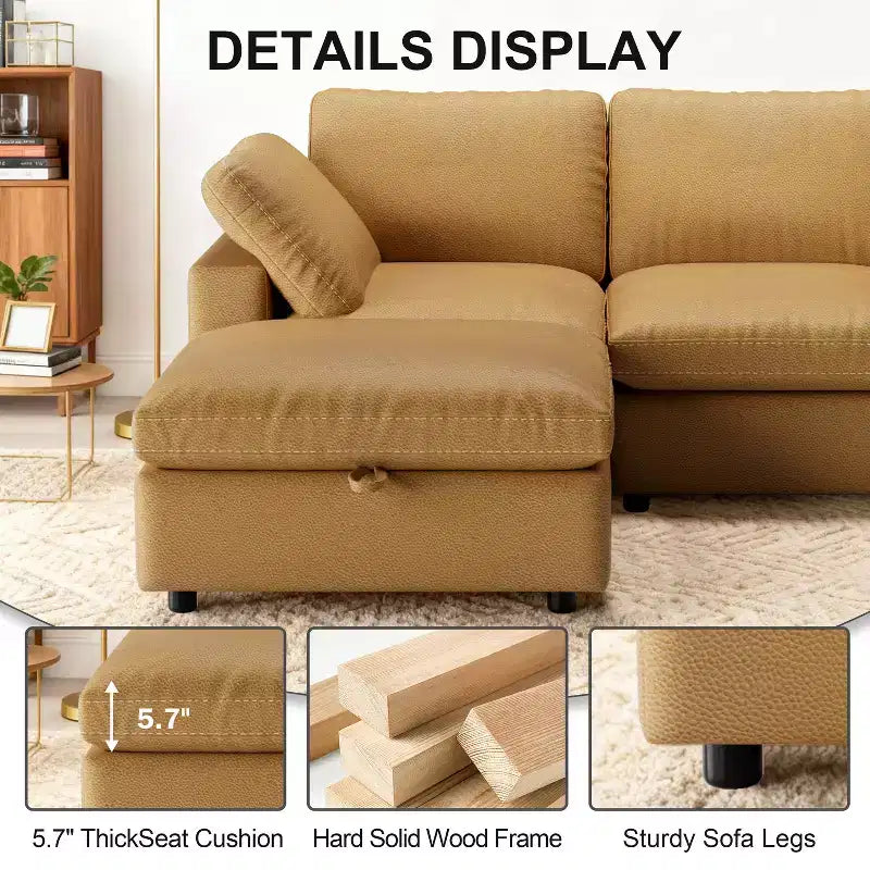 Canapé d'angle modulaire Dyonery 100 en cuir avec pouf de rangement, canapé 3 places en cuir PU en forme de L avec cadre en bois massif