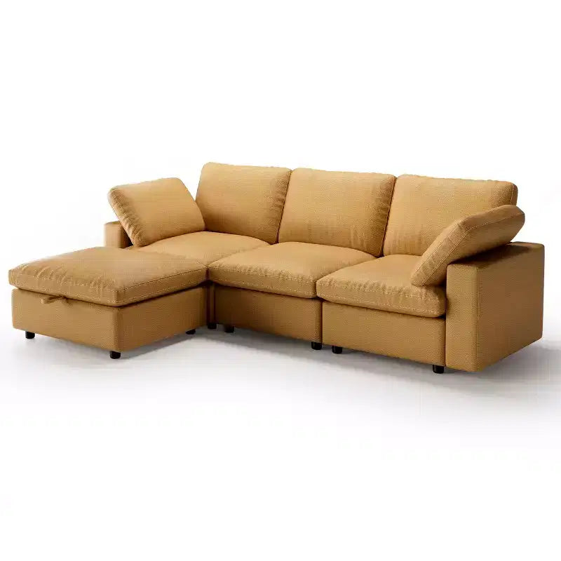 Canapé d'angle modulaire Dyonery 100 en cuir avec pouf de rangement, canapé 3 places en cuir PU en forme de L avec cadre en bois massif