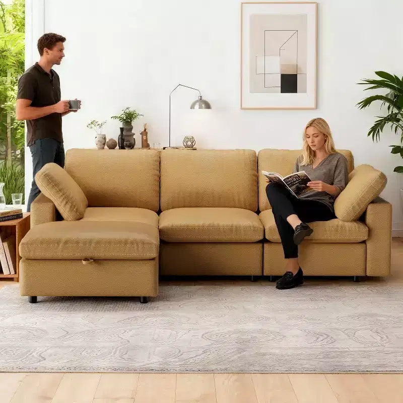 Dyonery 100 Leather Modular Sectional Sofa with Storage Ottoman, 3-Seater L-Shaped PU Leather Couch with Solid Wood Frame