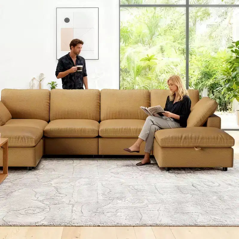 Canapé d'angle modulaire Dyonery 100 en cuir avec pouf de rangement, canapé 3 places en cuir PU en forme de L avec cadre en bois massif