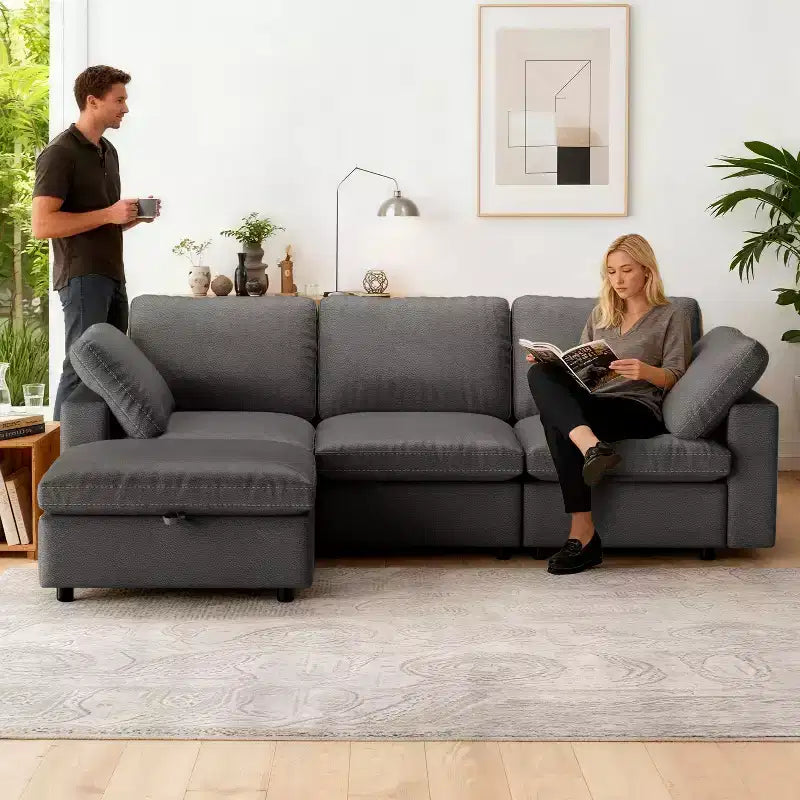 Canapé d'angle modulaire Dyonery 100 en cuir avec pouf de rangement, canapé 3 places en cuir PU en forme de L avec cadre en bois massif
