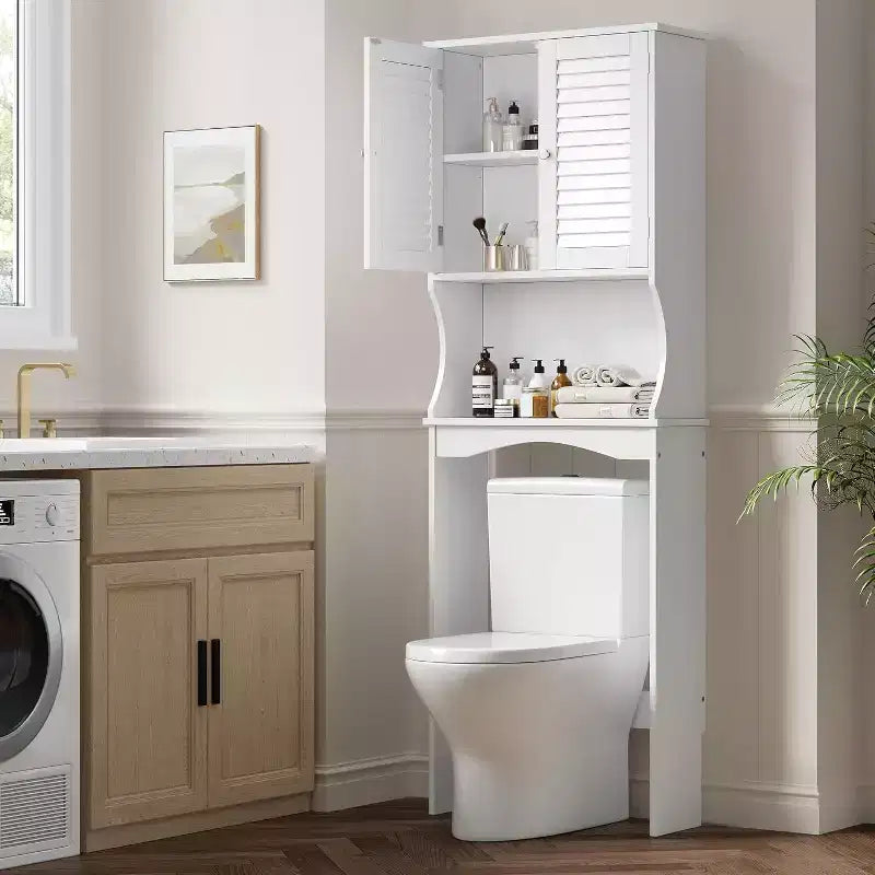 Over The Toilet Storage Cabinet with Adjustable Shelf & Ventilated Doors, Space-Saving Bathroom Organizer,White Cabinet with Anti-Tip Bracket