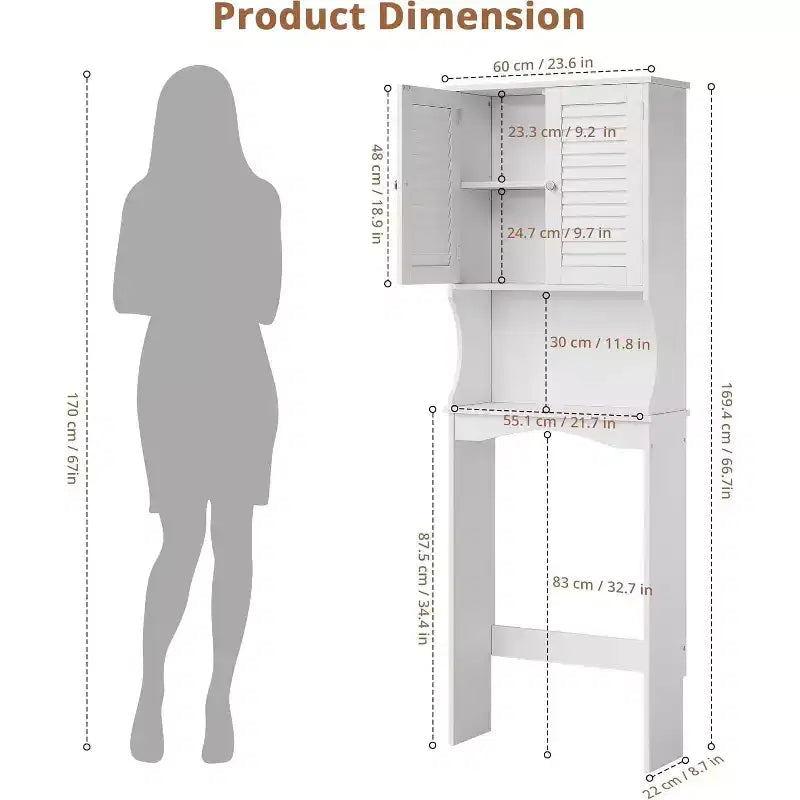Meuble de Rangement Sur WC avec Étagère Réglable et Portes Ventilées, Organisateur de Salle de Bain Gain de Place, Meuble Blanc avec Support Anti-Basculement