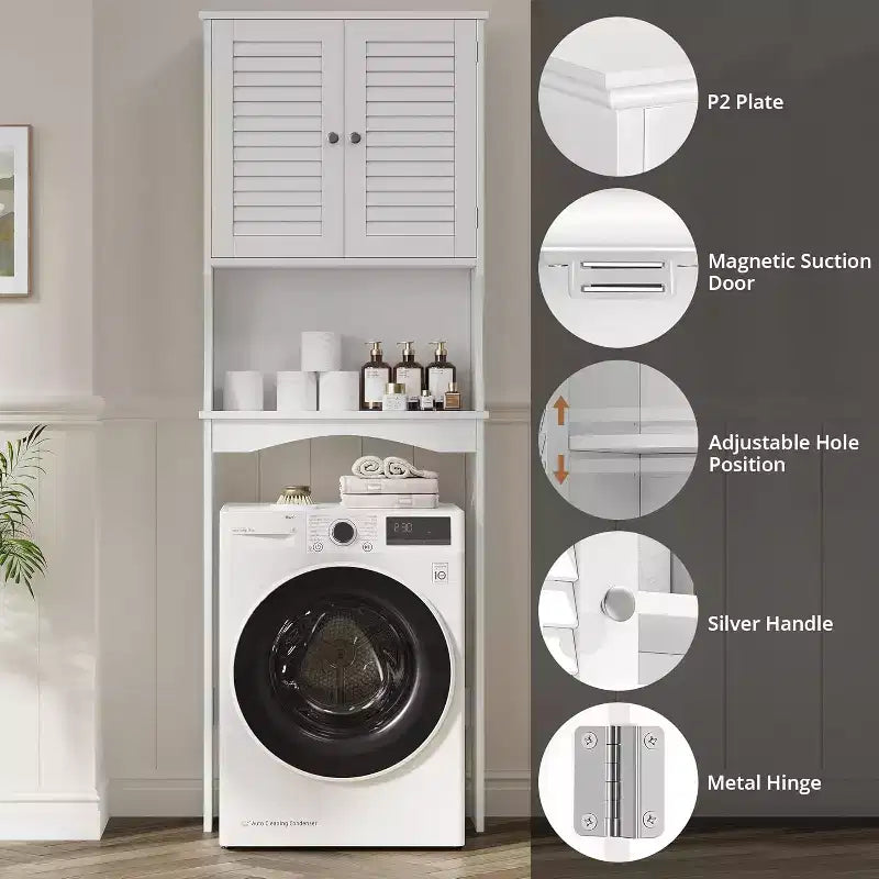 Meuble de Rangement Sur WC avec Étagère Réglable et Portes Ventilées, Organisateur de Salle de Bain Gain de Place, Meuble Blanc avec Support Anti-Basculement