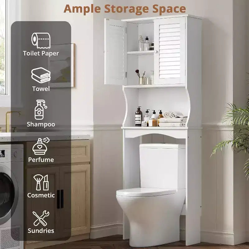 Meuble de Rangement Sur WC avec Étagère Réglable et Portes Ventilées, Organisateur de Salle de Bain Gain de Place, Meuble Blanc avec Support Anti-Basculement