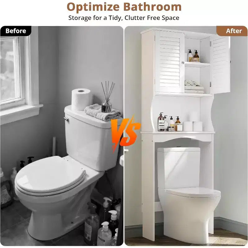 Meuble de Rangement Sur WC avec Étagère Réglable et Portes Ventilées, Organisateur de Salle de Bain Gain de Place, Meuble Blanc avec Support Anti-Basculement