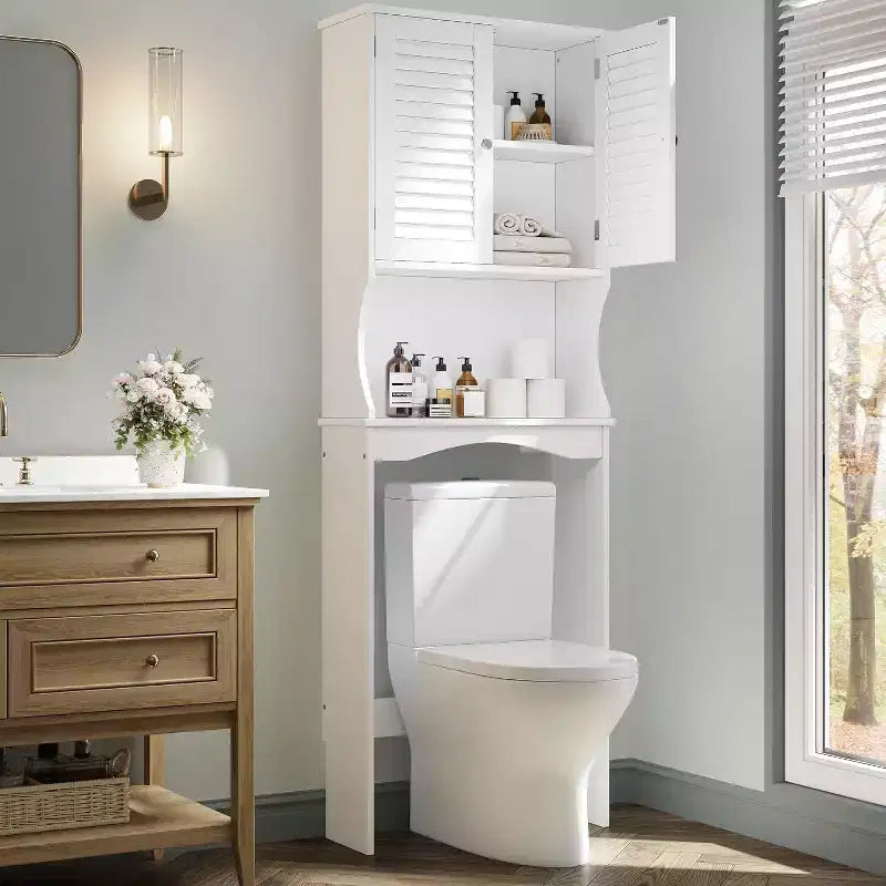 Meuble de Rangement Sur WC avec Étagère Réglable et Portes Ventilées, Organisateur de Salle de Bain Gain de Place, Meuble Blanc avec Support Anti-Basculement