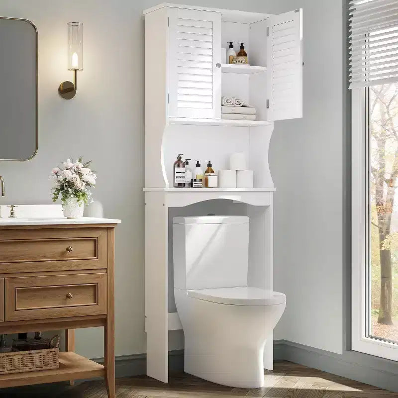 Meuble de Rangement Sur WC avec Étagère Réglable et Portes Ventilées, Organisateur de Salle de Bain Gain de Place, Meuble Blanc avec Support Anti-Basculement