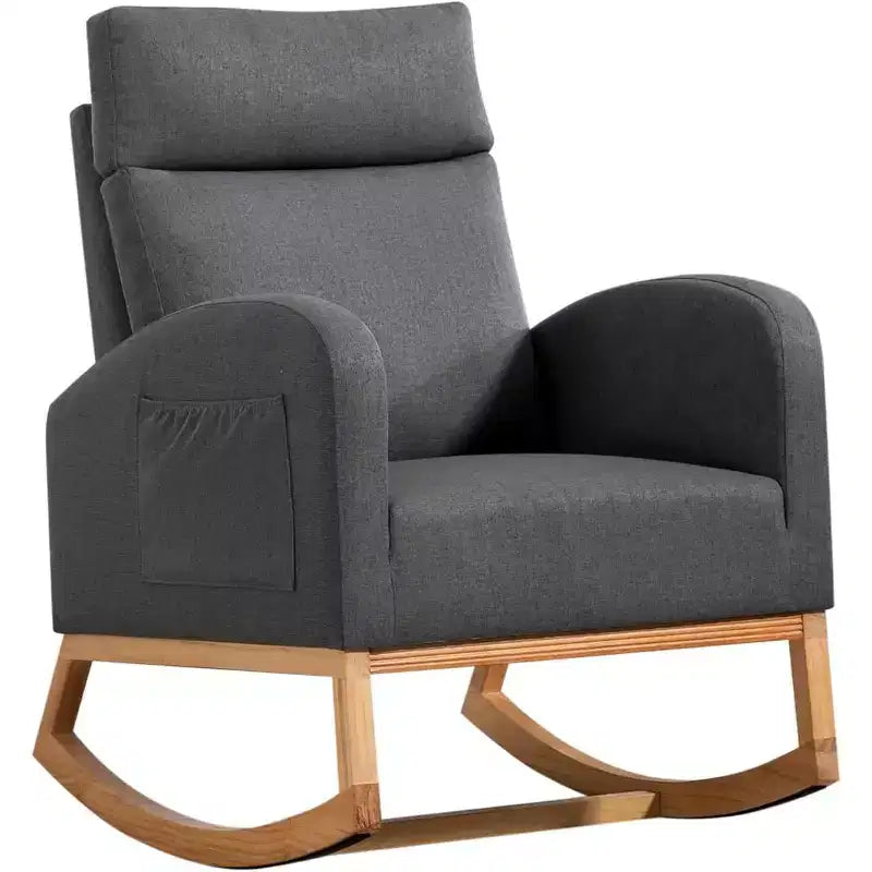 Upholstered Grey Rocking Chair with Wood Base, Padded Backrest, and Side PocketsModern Glider Armchair for Nursery, Living Room, or Bedroom