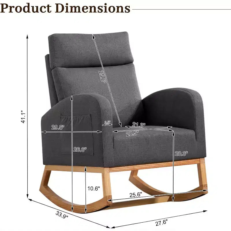 Fauteuil à bascule gris rembourré avec base en bois, dossier rembourré et poches latéralesFauteuil planeur moderne pour la chambre de bébé, le salon ou la chambre à coucher