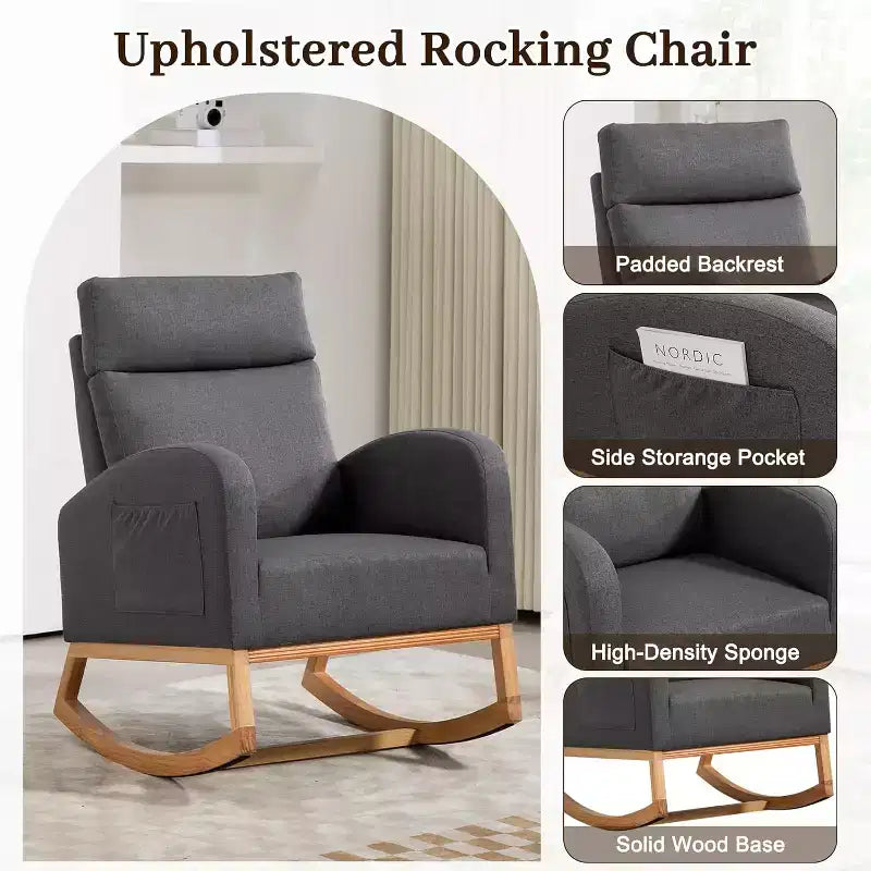 Fauteuil à bascule gris rembourré avec base en bois, dossier rembourré et poches latéralesFauteuil planeur moderne pour la chambre de bébé, le salon ou la chambre à coucher
