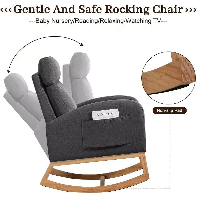 Fauteuil à bascule gris rembourré avec base en bois, dossier rembourré et poches latéralesFauteuil planeur moderne pour la chambre de bébé, le salon ou la chambre à coucher