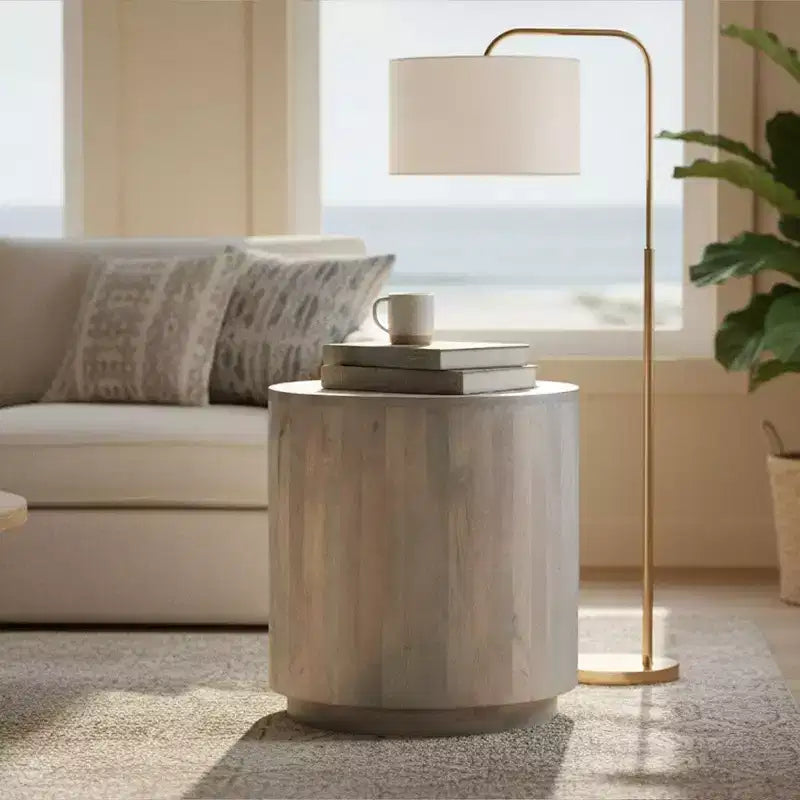 Royal Hampton Side End Accent Table, 20 Inch Round Top, Cylindrical Plinth Base, Oak White Mango Wood