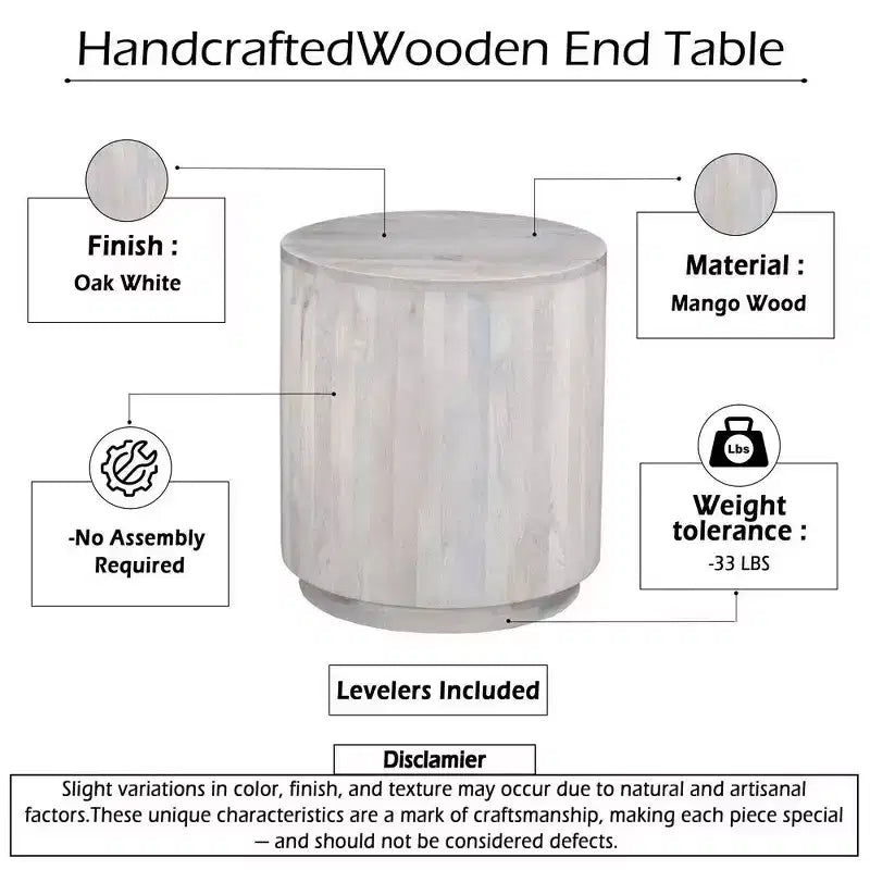 Table d'appoint Royal Hampton, plateau rond de 20 pouces, socle cylindrique, bois de manguier chêne blanc