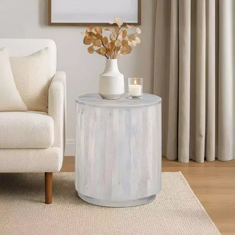 Table d'appoint Royal Hampton, plateau rond de 20 pouces, socle cylindrique, bois de manguier chêne blanc