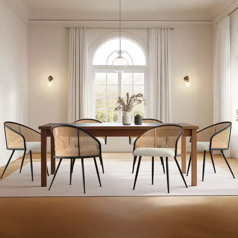 Panipeachy Lot de 6 chaises de salle à manger, fauteuils modernes rembourrés en bouclé avec dossier tissé et pieds en métal noir