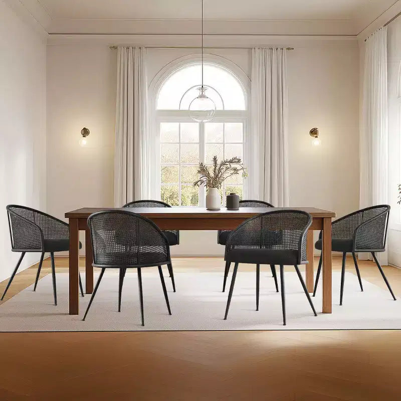 Panipeachy Lot de 6 chaises de salle à manger, fauteuils modernes rembourrés en bouclé avec dossier tissé et pieds en métal noir