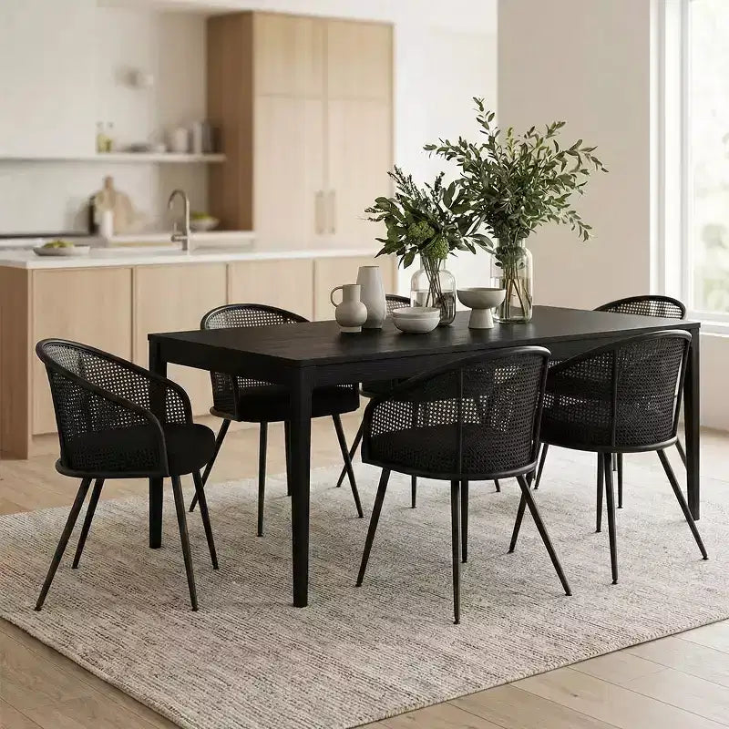 Panipeachy Dining Room Chairs Set of 6, Modern Upholstered Boucl Armchairs with Woven Back & Black Metal Legs