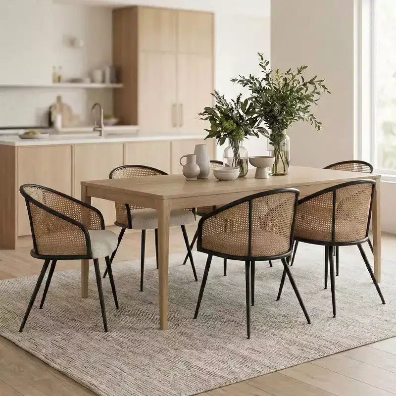 Panipeachy Lot de 6 chaises de salle à manger, fauteuils modernes rembourrés en bouclé avec dossier tissé et pieds en métal noir