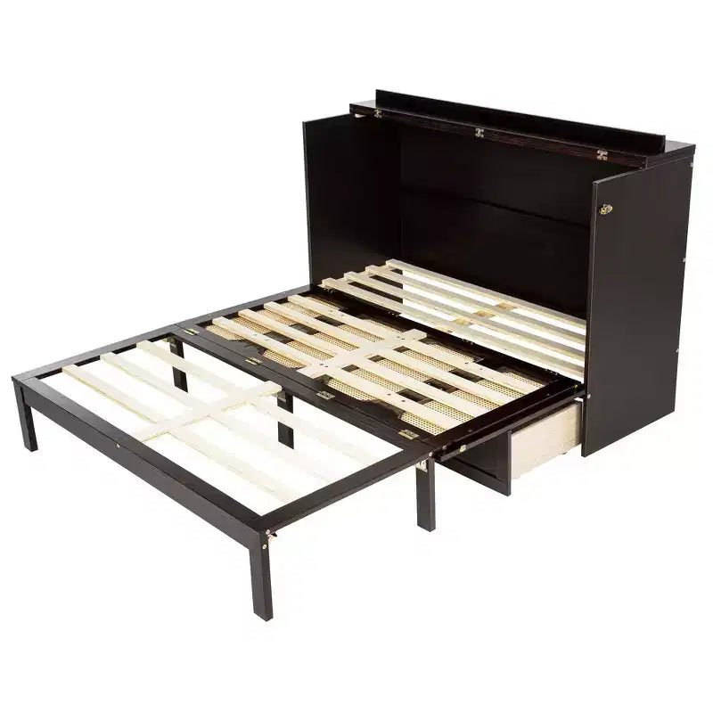 Lit escamotable Whisen Queen avec station de charge et décor en rotin, peu encombrant, cadre robuste en pin (amélioré)