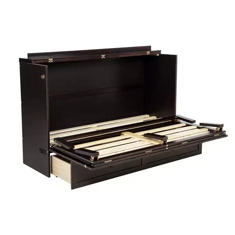 Lit escamotable Whisen Queen avec station de charge et décor en rotin, peu encombrant, cadre robuste en pin (amélioré)
