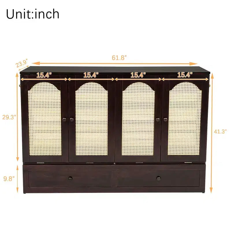 Lit escamotable Whisen Queen avec station de charge et décor en rotin, peu encombrant, cadre robuste en pin (amélioré)