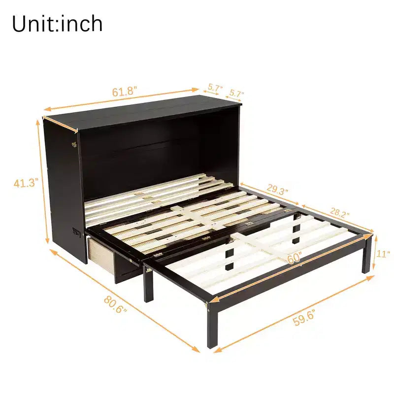 Lit escamotable Whisen Queen avec station de charge et décor en rotin, peu encombrant, cadre robuste en pin (amélioré)