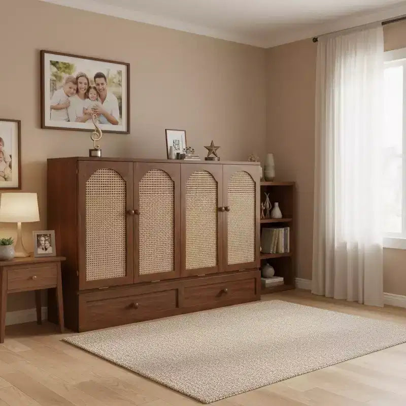 Lit escamotable Whisen Queen avec station de charge et décor en rotin, peu encombrant, cadre robuste en pin (amélioré)