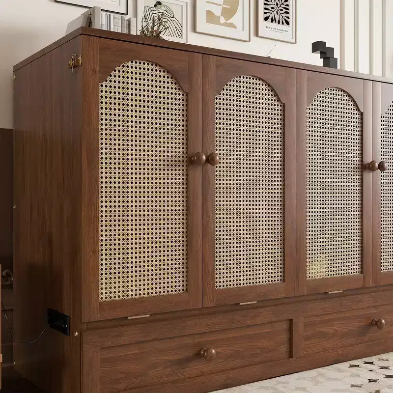 Lit escamotable Whisen Queen avec station de charge et décor en rotin, peu encombrant, cadre robuste en pin (amélioré)