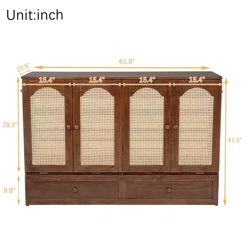Lit escamotable Whisen Queen avec station de charge et décor en rotin, peu encombrant, cadre robuste en pin (amélioré)