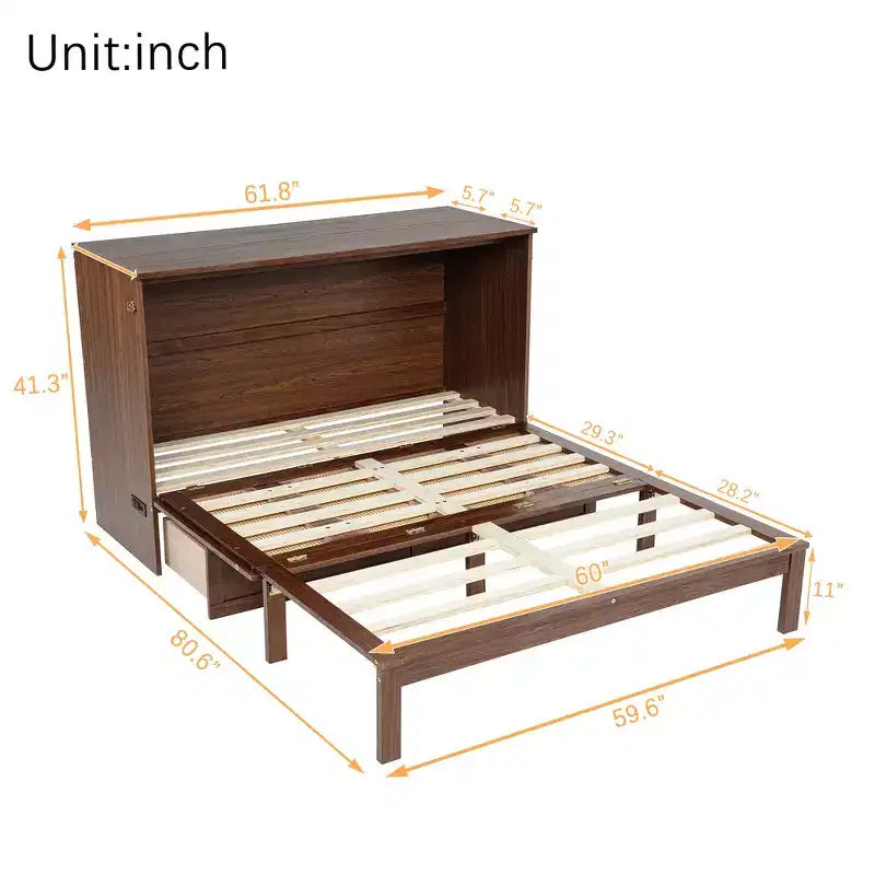 Lit escamotable Whisen Queen avec station de charge et décor en rotin, peu encombrant, cadre robuste en pin (amélioré)