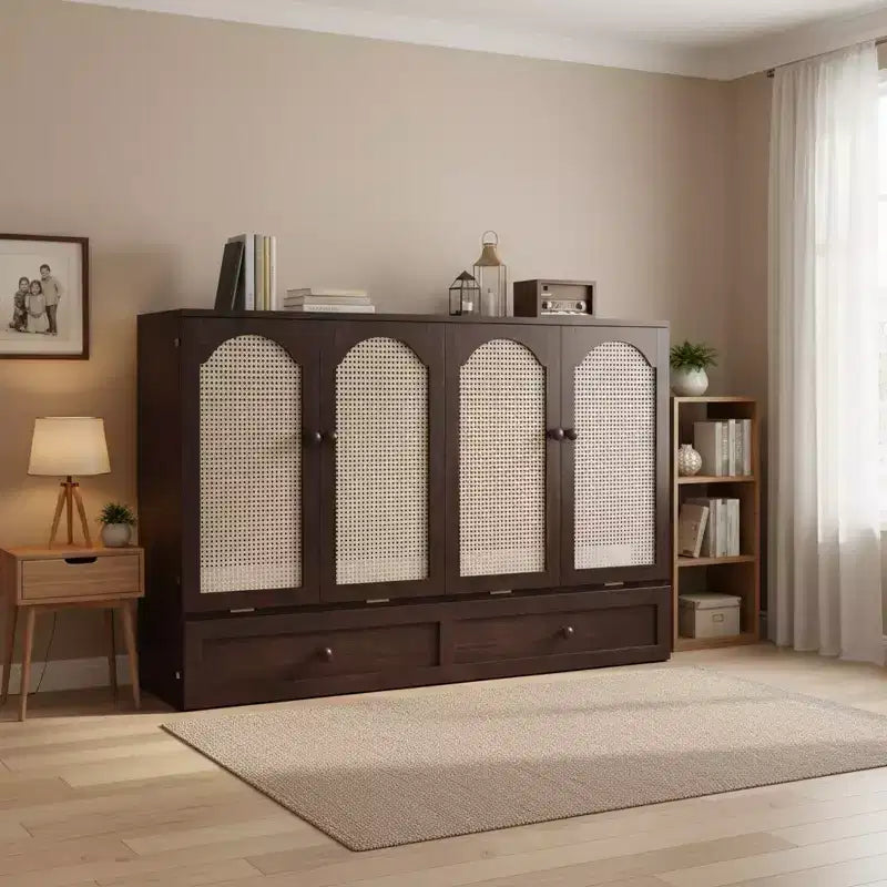 Lit escamotable Whisen Queen avec station de charge et décor en rotin, peu encombrant, cadre robuste en pin (amélioré)