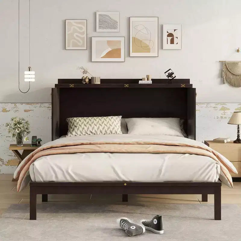 Lit escamotable Whisen Queen avec station de charge et décor en rotin, peu encombrant, cadre robuste en pin (amélioré)