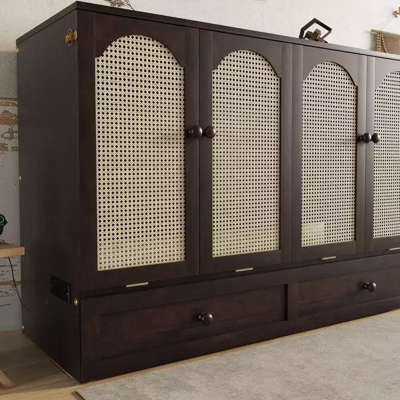 Lit escamotable Whisen Queen avec station de charge et décor en rotin, peu encombrant, cadre robuste en pin (amélioré)