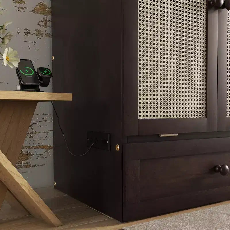 Lit escamotable Whisen Queen avec station de charge et décor en rotin, peu encombrant, cadre robuste en pin (amélioré)