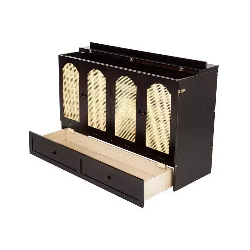 Lit escamotable Whisen Queen avec station de charge et décor en rotin, peu encombrant, cadre robuste en pin (amélioré)