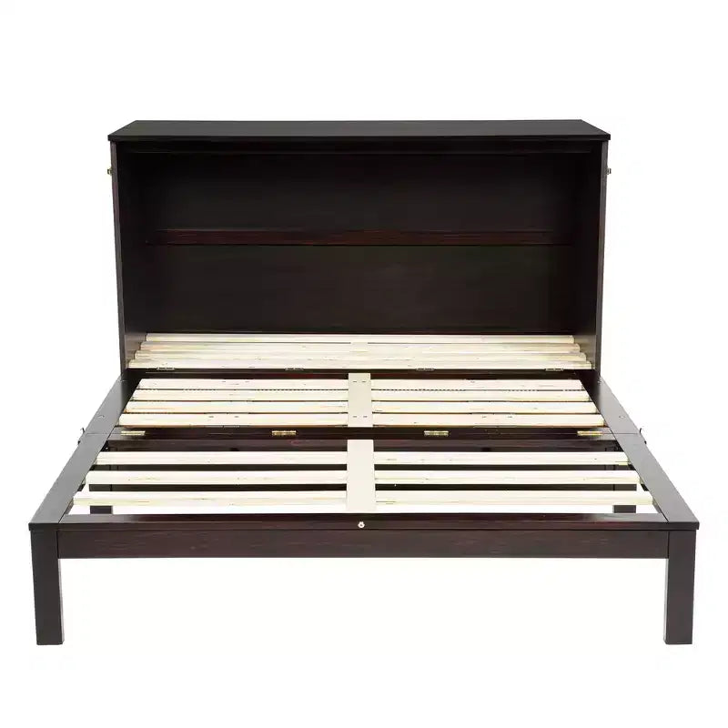 Lit escamotable Whisen Queen avec station de charge et décor en rotin, peu encombrant, cadre robuste en pin (amélioré)