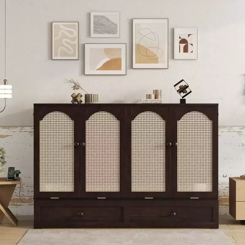 Whisen Queen Murphy Bed Cabinet with Charging Station & Rattan Decor, Space-Saving, Sturdy Pine Wood Frame(Upgraded)