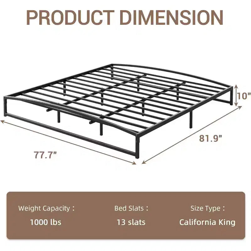 Cadre de lit plateforme 10 pouces en métal, taille King. Lattes robustes offrant un excellent soutien et un espace de rangement sous le lit. Pas besoin de sommier, assemblage facile, couleur noire.