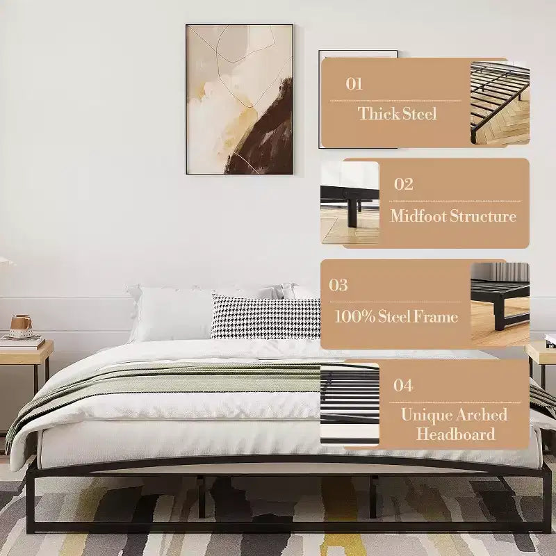Cadre de lit plateforme 10 pouces en métal, taille King. Lattes robustes offrant un excellent soutien et un espace de rangement sous le lit. Pas besoin de sommier, assemblage facile, couleur noire.
