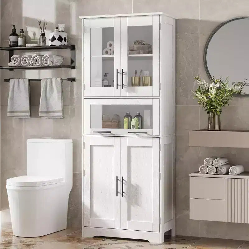Meuble de salle de bain avec 4 portes et 1 tiroir, armoire haute de salle de bain avec étagères réglables pour salle de bain, salon, blanc